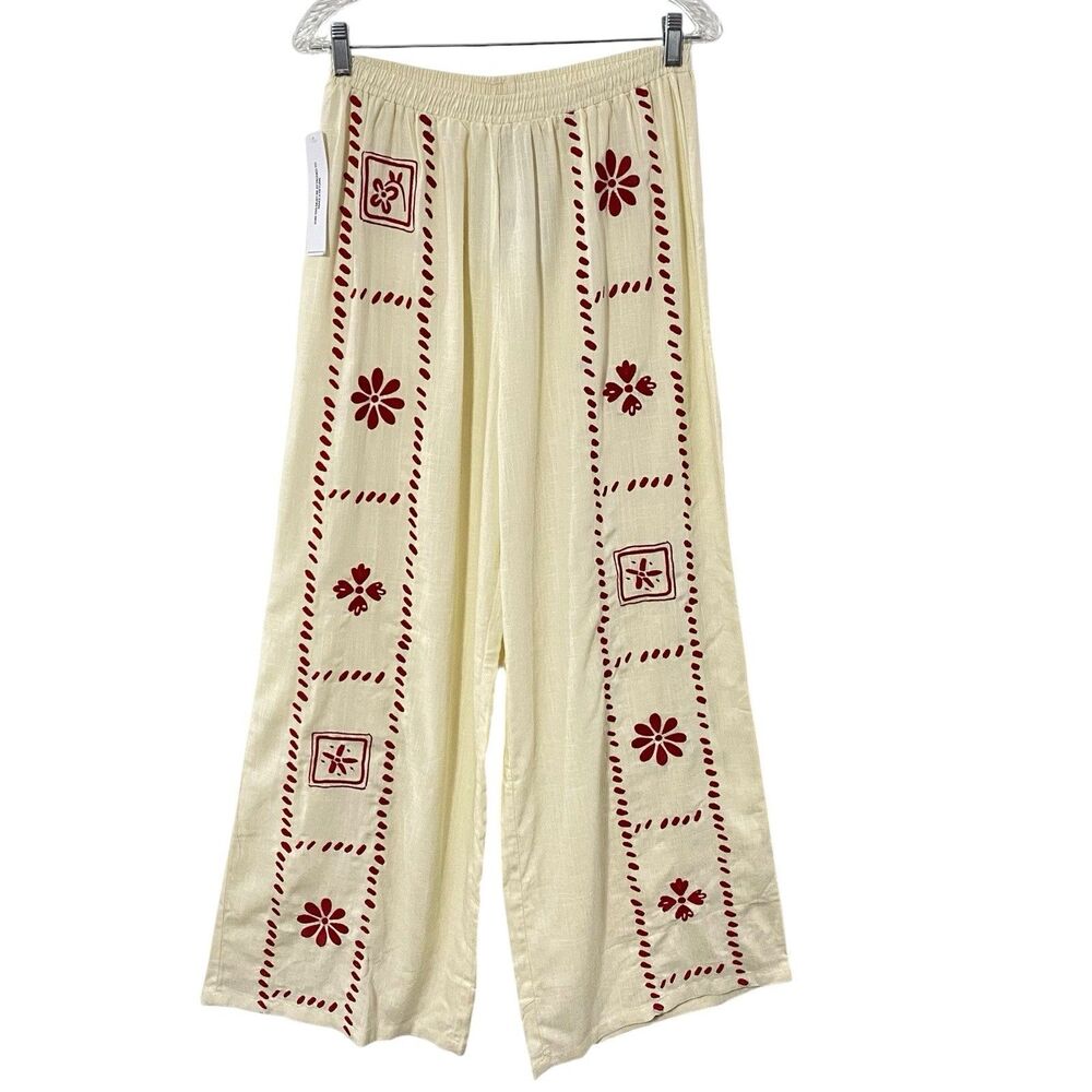 New Princess Polly Grazia Pants 8 Cream Red Embroidered Wide Leg Cotton Linen
